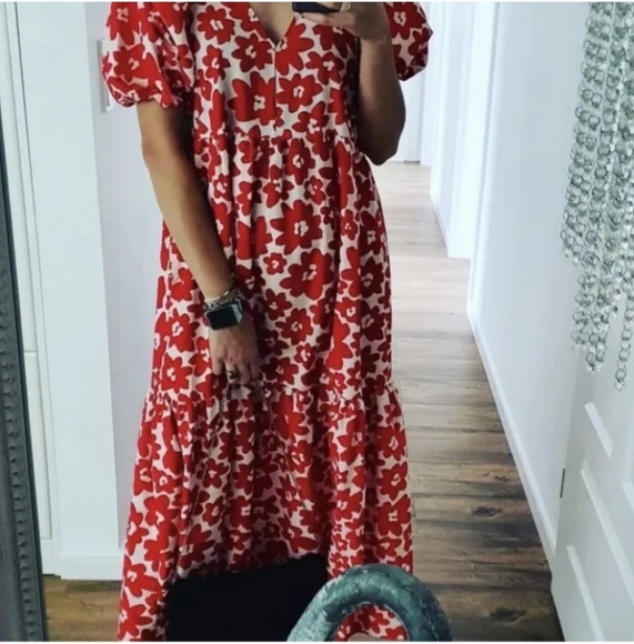 ZARA * Floral Printed Poplin Maxi Dress Red size xs - Picture 12 of 16